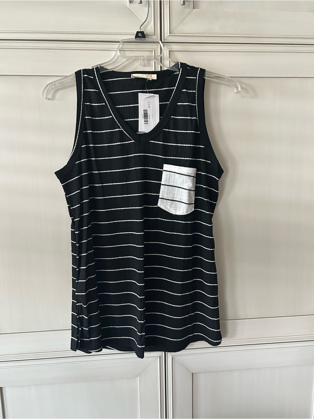 Black & White Striped V-Neck Tank Top with Contrast Pocket